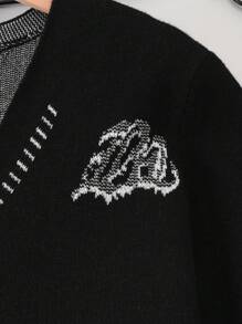 Tween Boy Letter Pattern Button Front Cardigan - Black and White - View 8