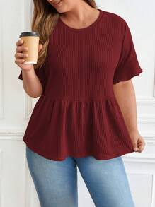 SHEIN Frenchy Plus Waffle Knit Flounce Sleeve Peplum Tee