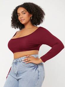 SHEIN BASICS Hơn Chất rắn Scoop Cổ Áo phông Crop - Màu Đỏ Sâu - Xem 5