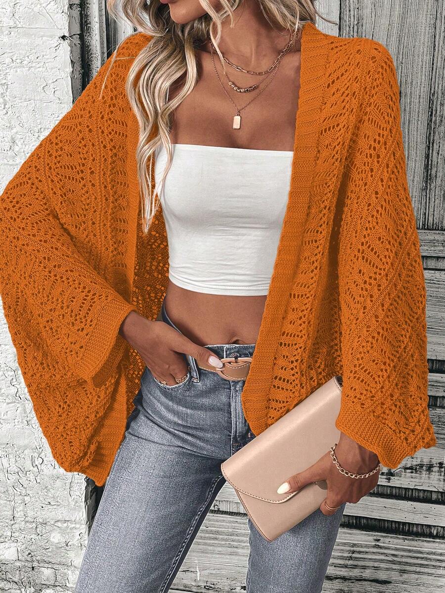 SHEIN Essnce 素色蝙蝠袖開襟開衫 - 橘色 - 查看 1