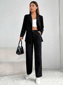 SHEIN PETITE Solid Single Breasted Blazer & Suit Pants In Fall/Winter - Black - View 5