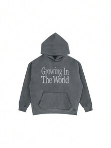 Men Slogan Embroidery Drop Shoulder Hoodie - Light Grey - View 3