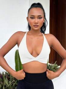 Slayform Twist Front Crisscross Backless Crop Sports Going Out Bra - White - View 4