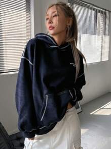 DAZY 女式休闲字母印花保暖内衬连帽卫衣，秋冬 - 藏蓝色 - 查看 1