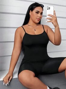 SHEIN EZwear Plus Solid Cami Unitard Romper - Black - View 5