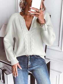 SHEIN LUNE Jersey de cuello con muesca y mangas raglán de punto de cable para otoño e invierno - Blanco - Ver 1