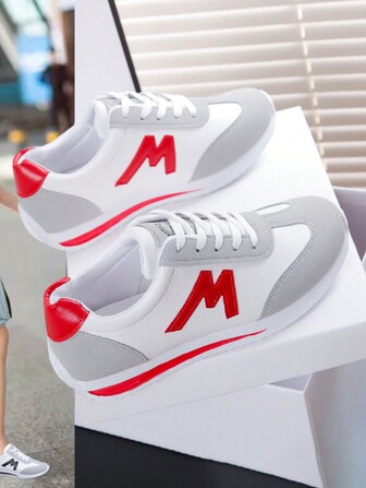 Höst/vinter Dam Casual Sportsneakers Med Bokstavsdekor, Rund Tå Snörning Platta Skor