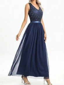 Contrast Sequin Mesh Prom Dress - Navy Blue - View 5