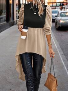 SHEIN Clasi Top 2 en 1 de dos tonos de manga farol bajo irregular - Caqui - Ver 6