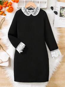 SHEIN 女大童蕾絲拼接彼得潘領洋裝 - 黑色 - 查看 3