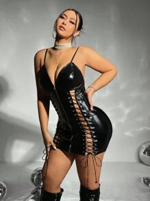 SHEIN ICON Plus Lace Up Front PU Leather Club Dress - Black - View 5