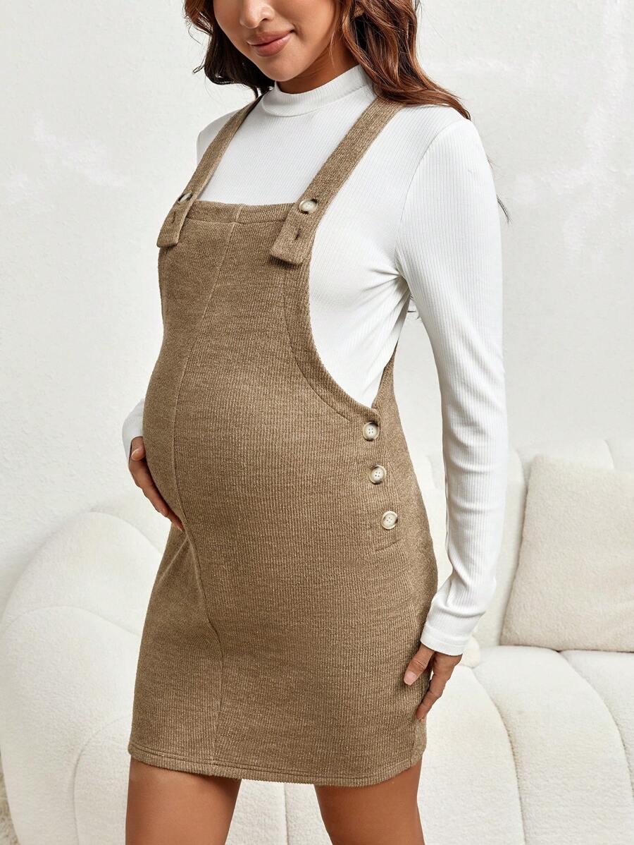 SHEIN Maternity Solid Tee & Button Detail Overall Dress
