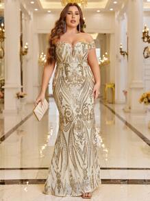 SHEIN Belle 大碼露肩魚尾下擺亮片正裝洋裝 - 杏色 - 查看 1