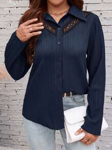 SHEIN LUNE Guipure Lace Insert Button Front Shirt - Navy Blue - View 6