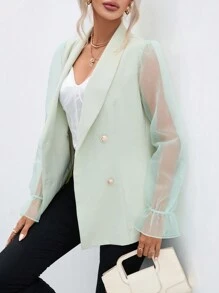 SHEIN Privé Contrast Mesh Flounce Sleeve Shawl Collar Double Breasted Blazer - Mint Green - View 5