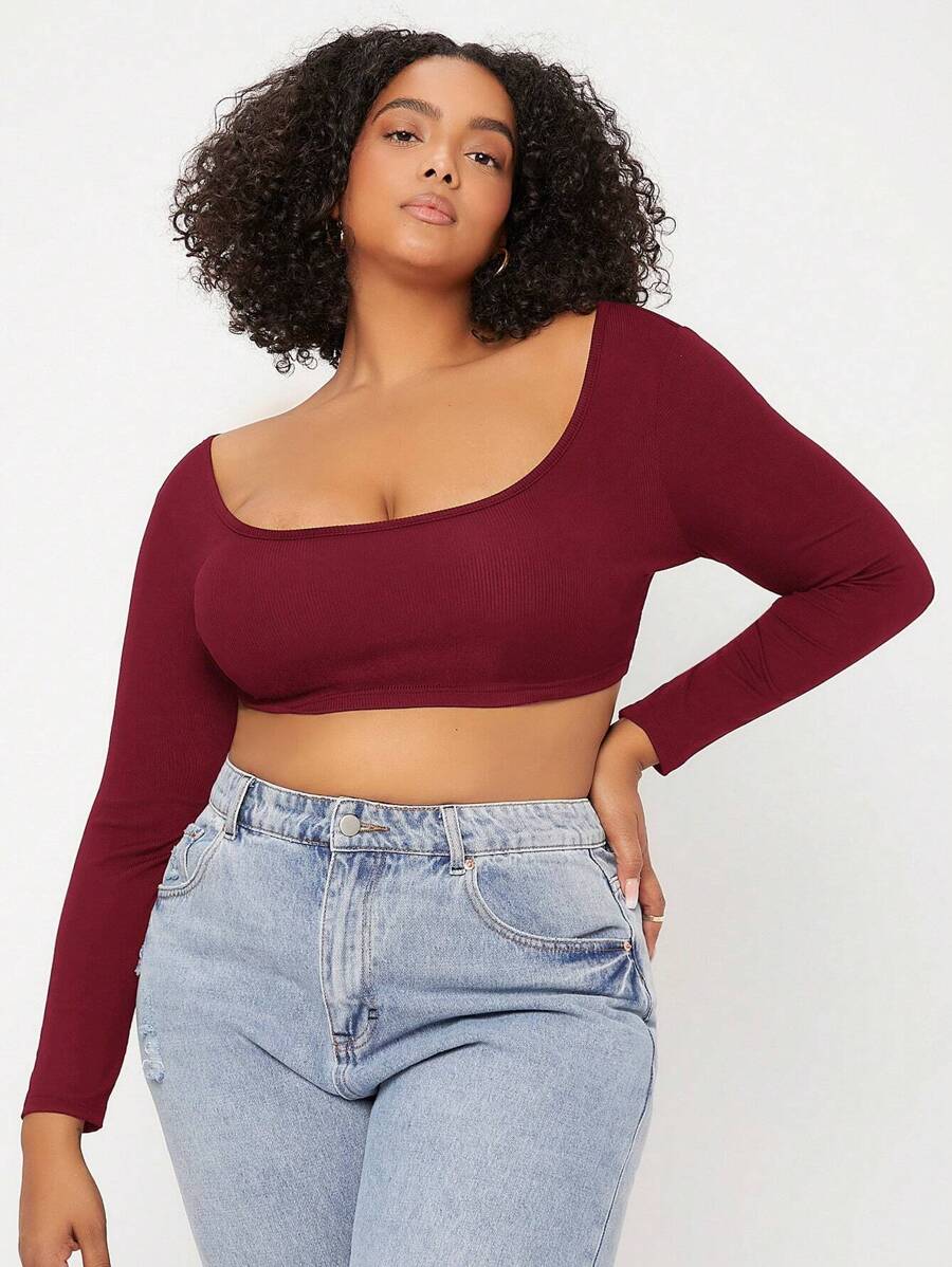 SHEIN BASICS Hơn Chất rắn Scoop Cổ Áo phông Crop - Màu Đỏ Sâu - Xem 1