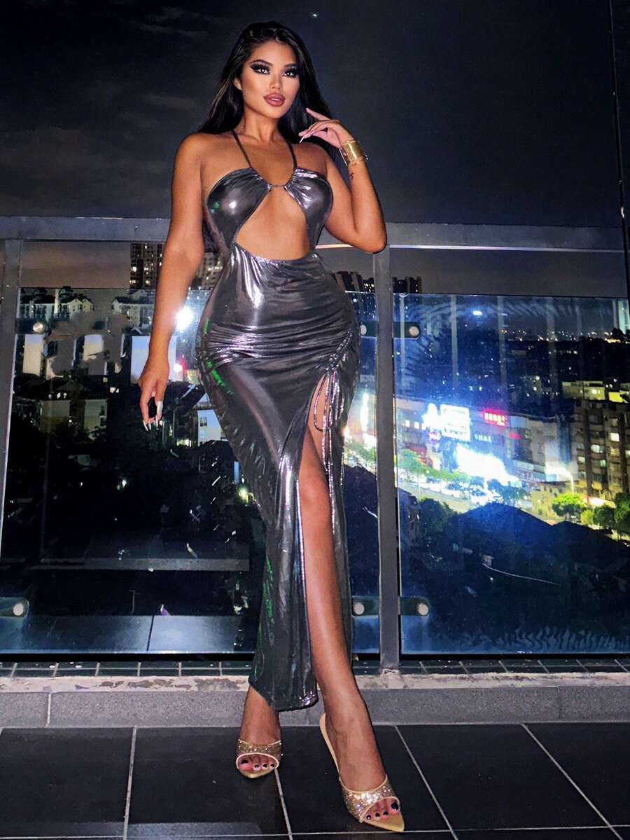 Cắt ra Dây rút Tách đùi Kim loại Váy dây - Xám - Xem 1