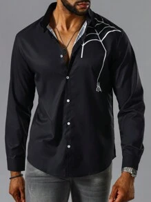 Manfinity LEGND Hombres Camisa con estampado de telaraña con botón - Negro - Ver 3