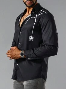 Manfinity LEGND Hombres Camisa con estampado de telaraña con botón - Negro - Ver 7