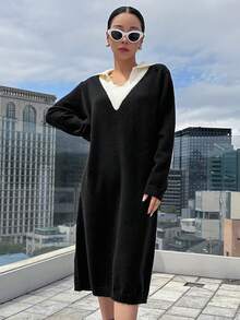 DAZY Panel Tương phản Thả vai Đầm Áo len - màu đen - Xem 3