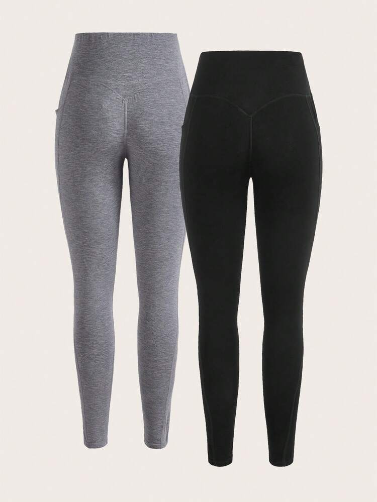 2pcs Solid Wideband Waist Leggings With Phone Pocket