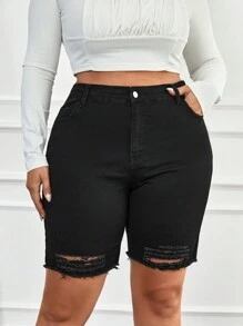 RueChic Plus Ripped Raw Hem Denim Shorts - Black - View 3