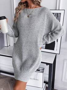 SHEIN LUNE Women Sweater Dresses Rib-Knit Plain Casual - Grey - View 4