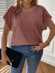 SHEIN Clasi Plus Button Detail Batwing Sleeve Tee - Red - View 5