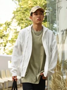 Claim Dot Men Zip Up Drop Shoulder Hooded Cardigan - White - View 4