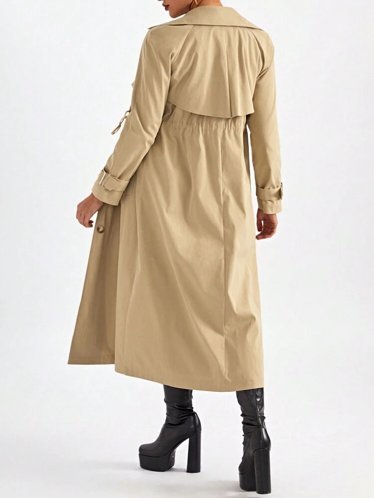 Lapel Neck Drawstring Waist Trench Coat