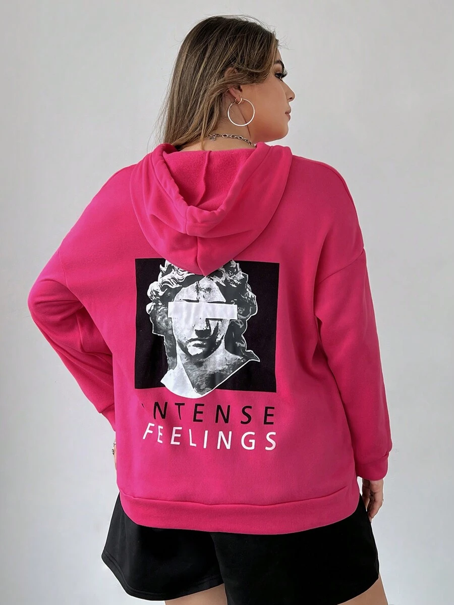 Flirla Plus Figure & Letter Graphic Drop Shoulder Drawstring Hoodie - Hot Pink - View 1