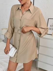 SHEIN Essnce 捲邊袖腰帶襯衫洋裝 - 卡其色 - 查看 1
