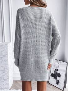 SHEIN LUNE Women Sweater Dresses Rib-Knit Plain Casual - Grey - View 2