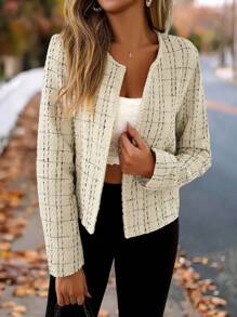 SHEIN Essnce In kẻ sọc Mở Mặt trước Áo khoác - Màu be - Xem 6