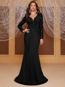 YISIKADO Mesh Insert Ruched Floor Length Formal Dress - Black - View 4