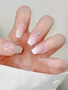 Get Glamorous With 24pcs Long Coffin Pink Ombre Glitter Rhinestone Fake Nail & 1sheet Tape & 1pc Nail File Press On Nails Nail Supplies - Multicolor - View 5