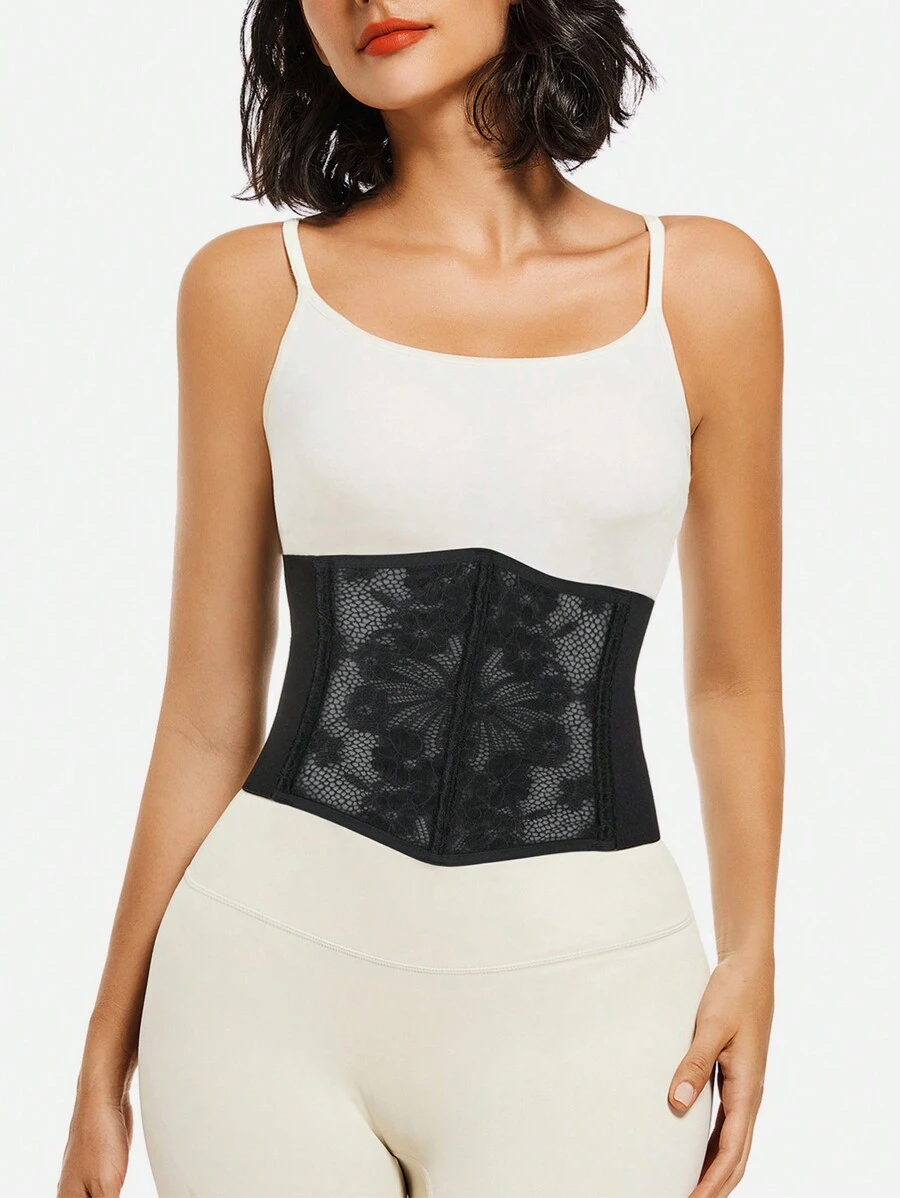 Floral Lace Hook and Eye Underbust Corset - Black - View 1