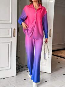 SHEIN Essnce 漸層落肩袖襯衫&闊腿褲 - 彩色 - 查看 1