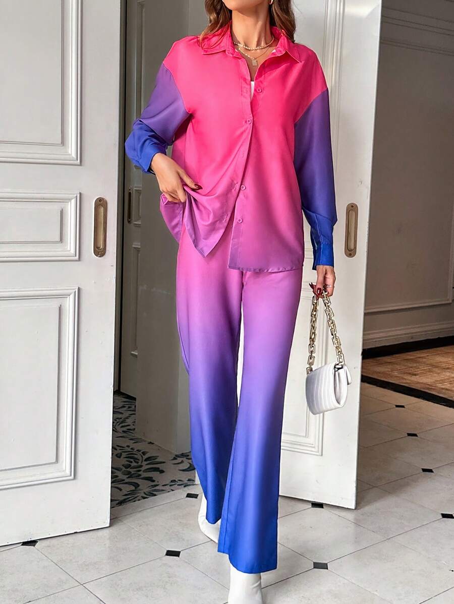 SHEIN Essnce 漸層落肩袖襯衫&闊腿褲 - 彩色 - 查看 1