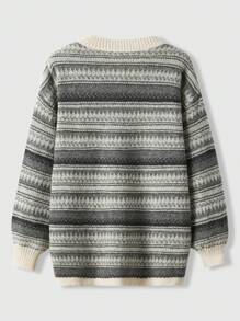 ROMWE Academia Geo Pattern Drop Shoulder Sweater - Grey - View 2
