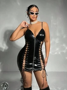 SHEIN ICON Plus Lace Up Front PU Leather Club Dress - Black - View 3