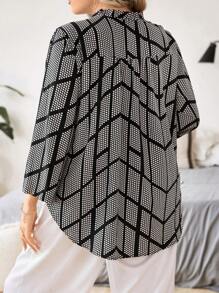 SHEIN Hơn In vết tròn Polka Tay áo cuộn Áo sơ mi - màu đen - Xem 2