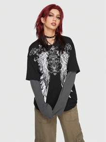 ROMWE Grunge Punk 2 合 1 翅膀图案 T 恤，学校 - 黑色 - 查看 2