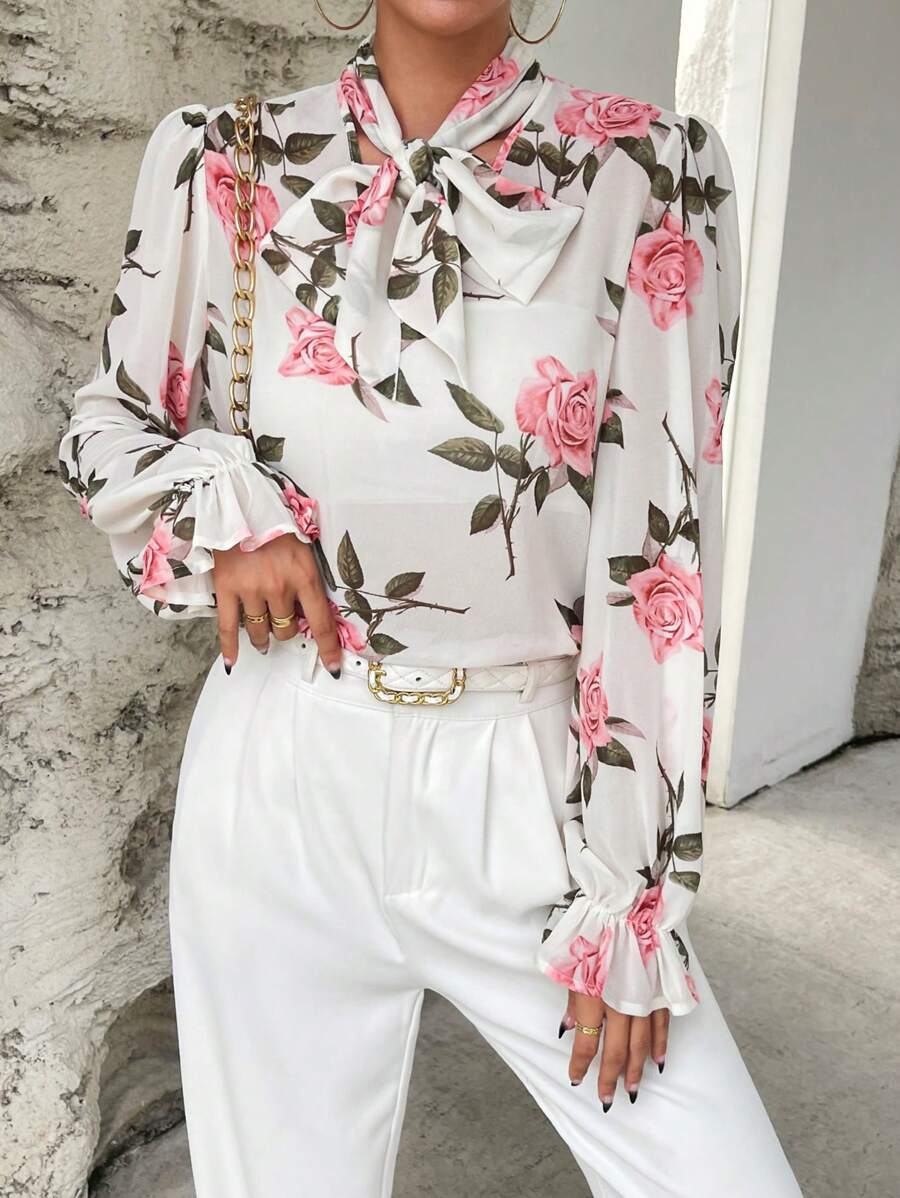 SHEIN Privé Floral Print Tie Neck Flounce Sleeve Blouse - Multicolor - View 1