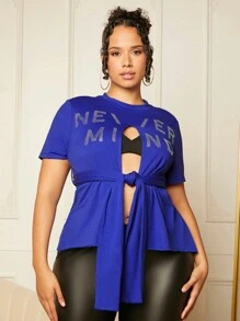 SHEIN SXY Plus Rhinestone Letter Pattern Belted Tee - Royal Blue - View 4