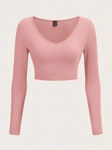 SHEIN BASICS Chất rắn Cổ v Áo phông Crop - Hồng - Xem 1