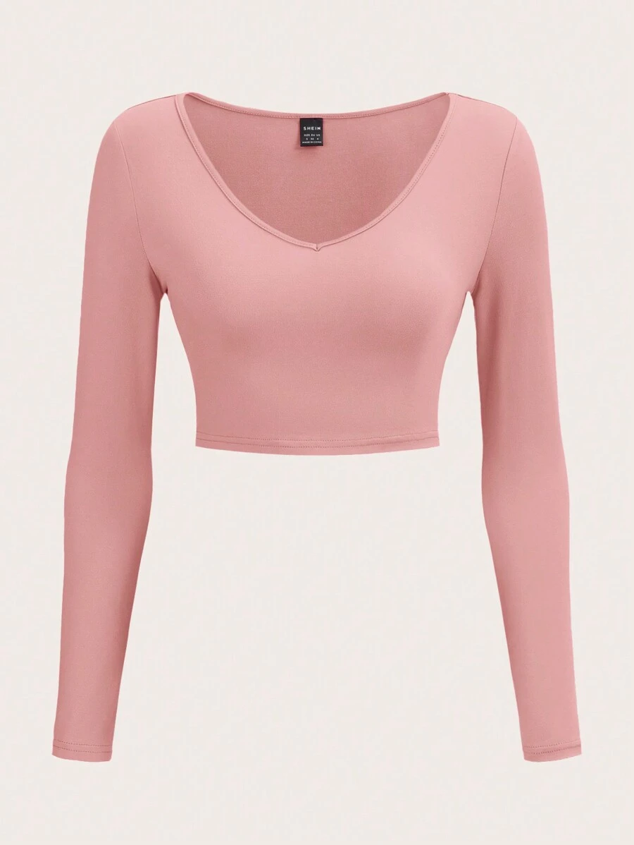 SHEIN BASICS Chất rắn Cổ v Áo phông Crop - Hồng - Xem 1