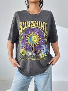 SHEIN EZwear mặt trời & Đồ họa Chữ cái Thả vai Áo phông Quá khổ - Màu xám đen - Xem 3