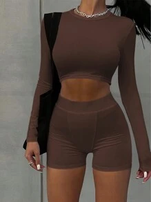 INAWLY Solva Solid Crop Tee & Biker Shorts Fall Cloth For Women - Coffee Brown - View 4