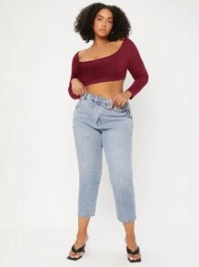 SHEIN BASICS Hơn Chất rắn Scoop Cổ Áo phông Crop - Màu Đỏ Sâu - Xem 3